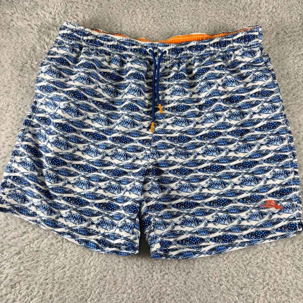 Tommy Bahama Mens‎ Blue White Fish Print Swim Trunks Board Shorts Large 2768